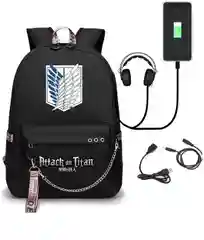 Рюкзак для школьника, студента Атака титанов (Attack on Titan) черный с USB-портом