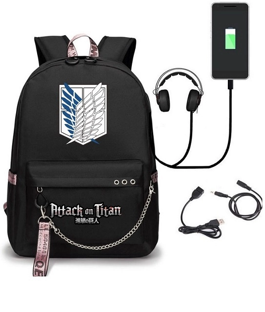Рюкзак для школьника, студента Атака титанов (Attack on Titan) черный с USB-портом