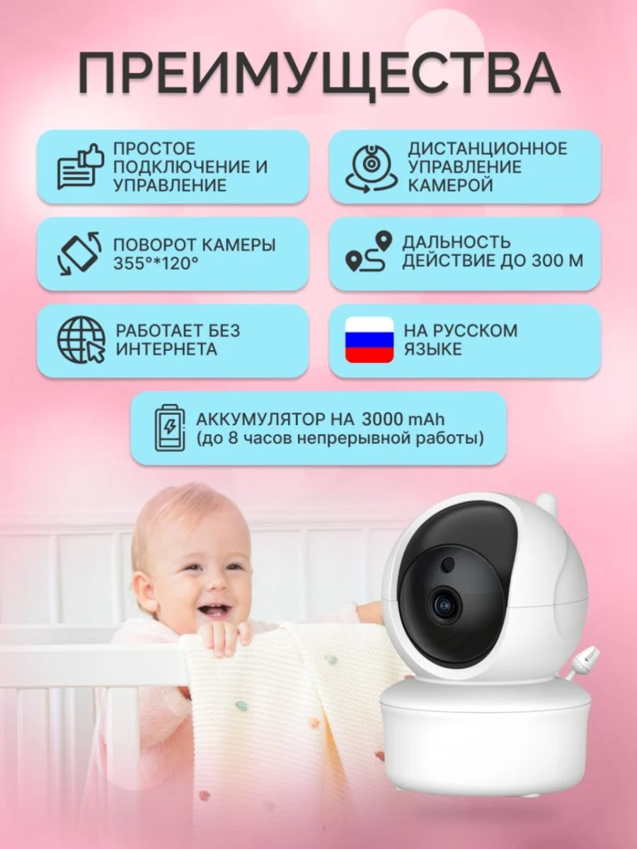 Видеоняня беспроводная поворотная цветной экран 5 дюймов c двусторонней аудиосвязью