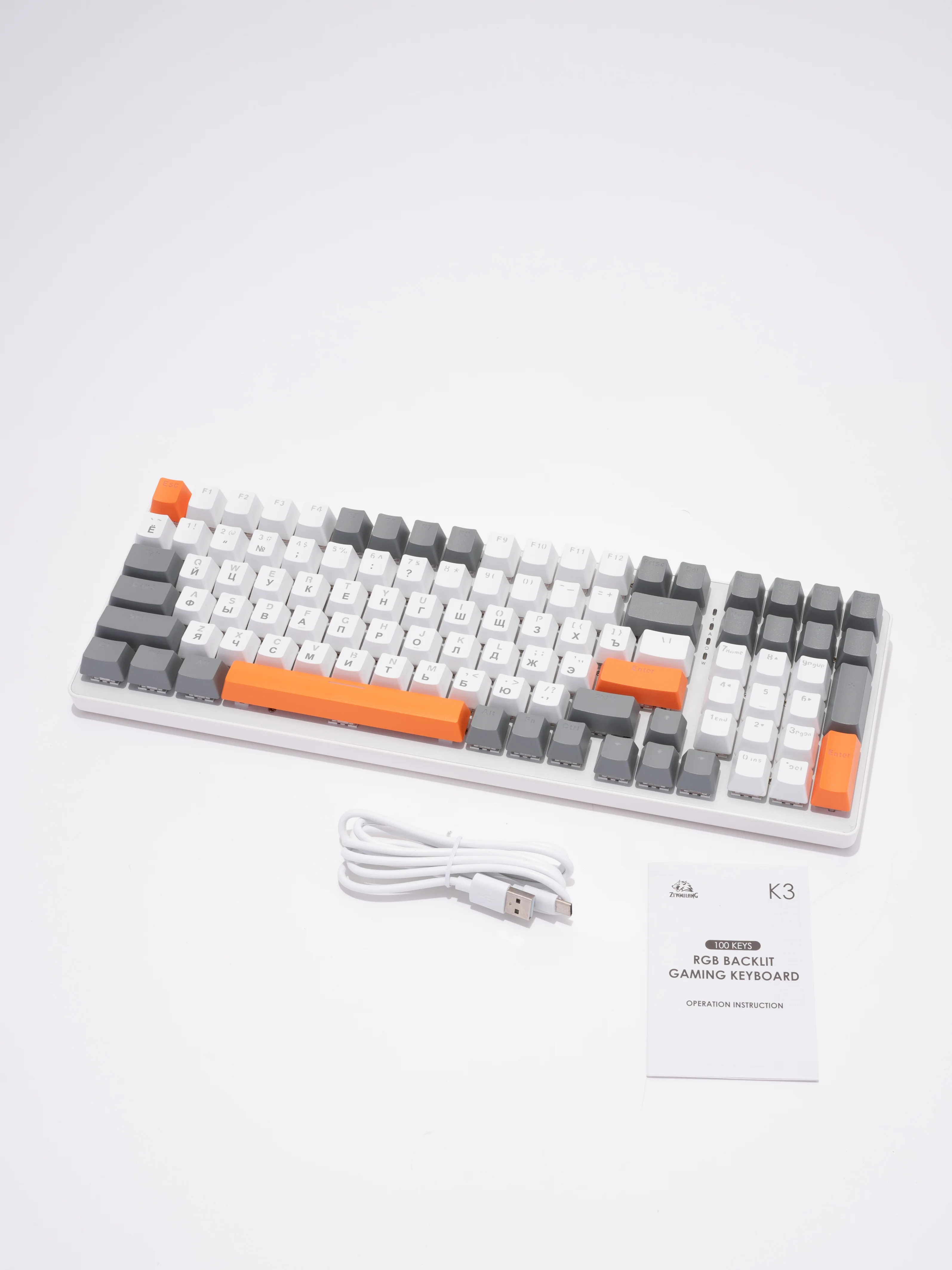 Белый клавиатура механическая, игровая, с RGB подсветкой 9 режимов, WOLF K3, белая и черная