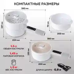 Электрическая кастрюля ковшик GFGRIL GFP-50: миниварка/пароварка/суповарка/яйцеварка