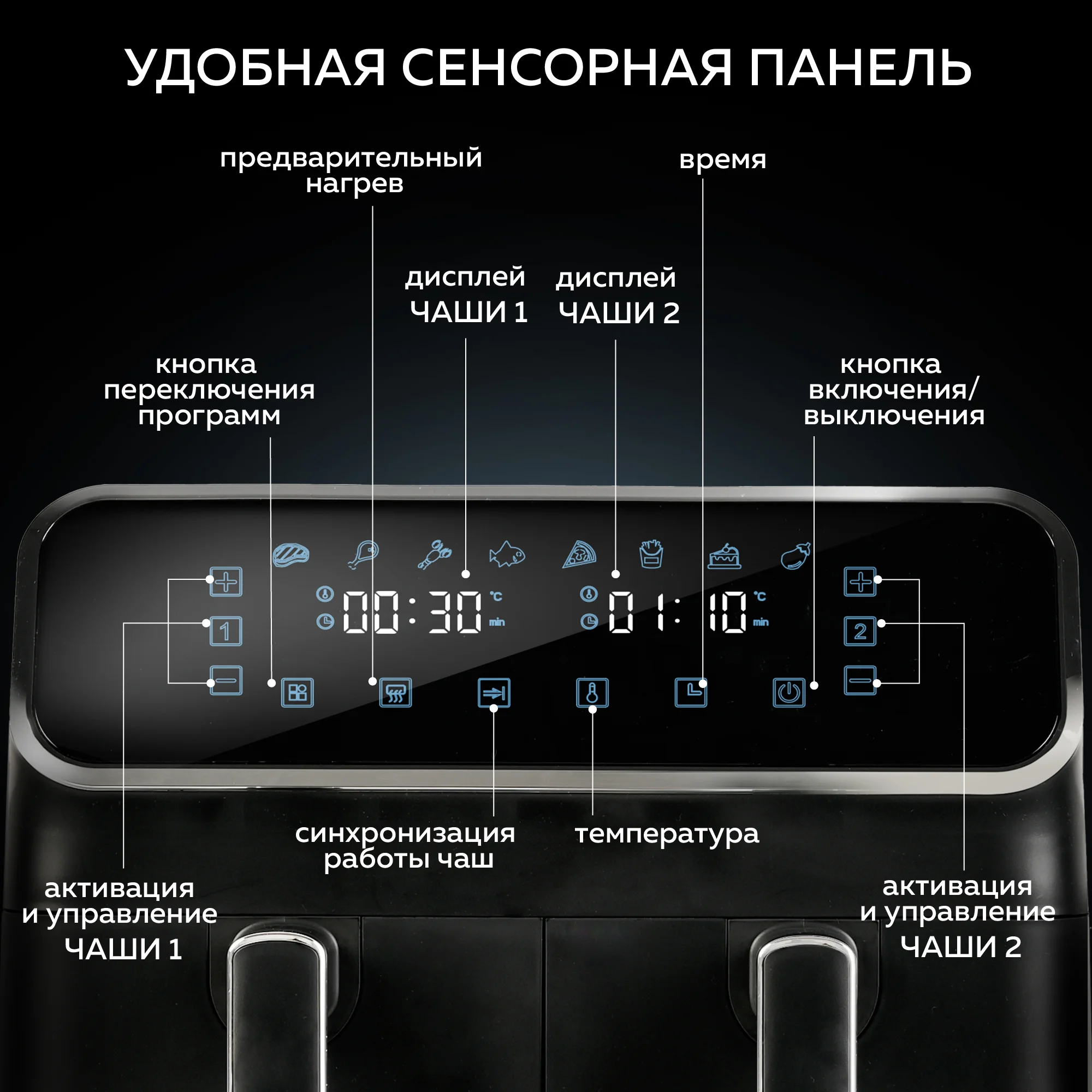 Аэрогриль GFGRIL GFA-8000, 2 чаши, технология Rapid Air, дисплей, 8 программ, 4+4 л