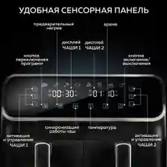 Аэрогриль GFGRIL GFA-8000, 2 чаши, технология Rapid Air, дисплей, 8 программ, 4+4 л
