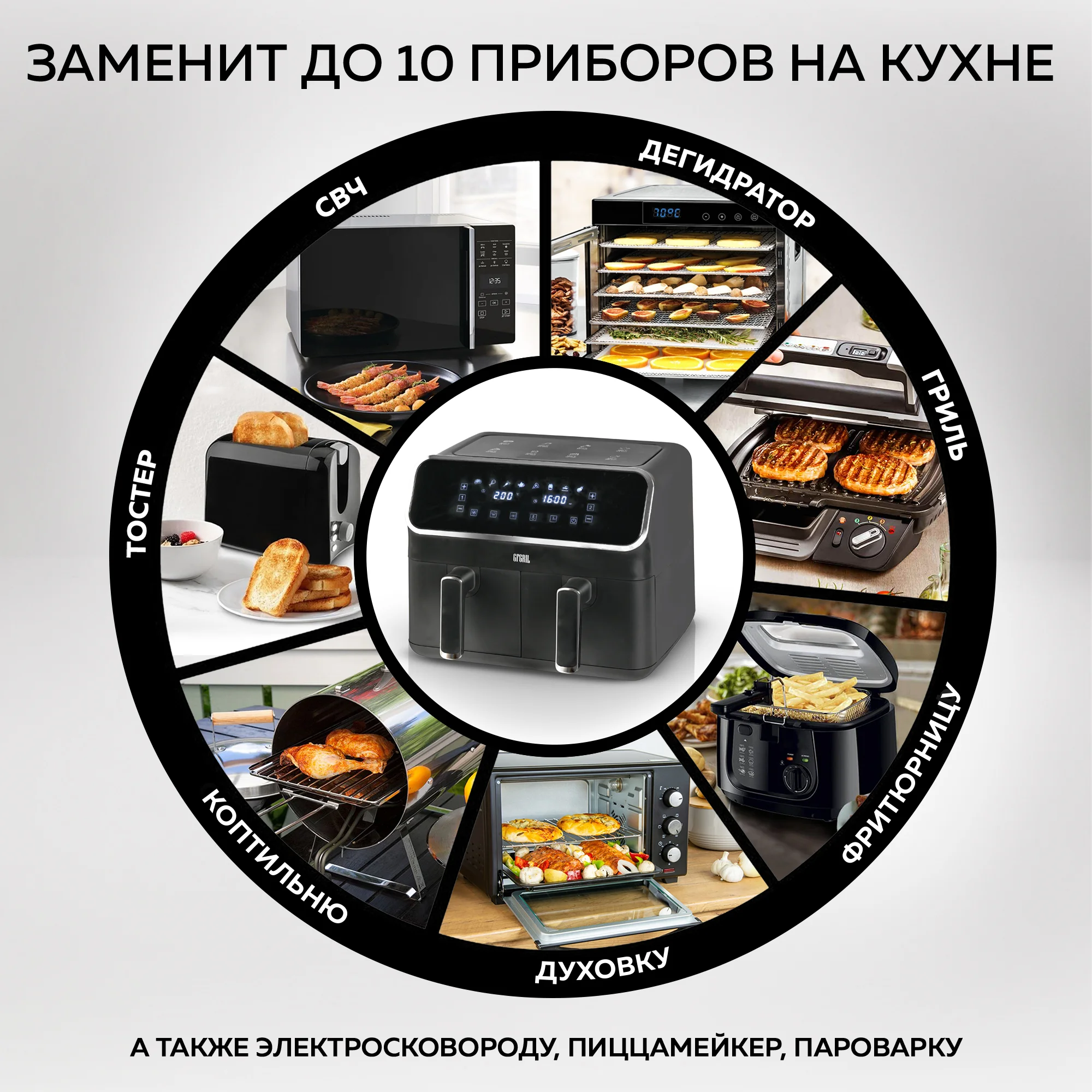 Аэрогриль GFGRIL GFA-8000, 2 чаши, технология Rapid Air, дисплей, 8 программ, 4+4 л
