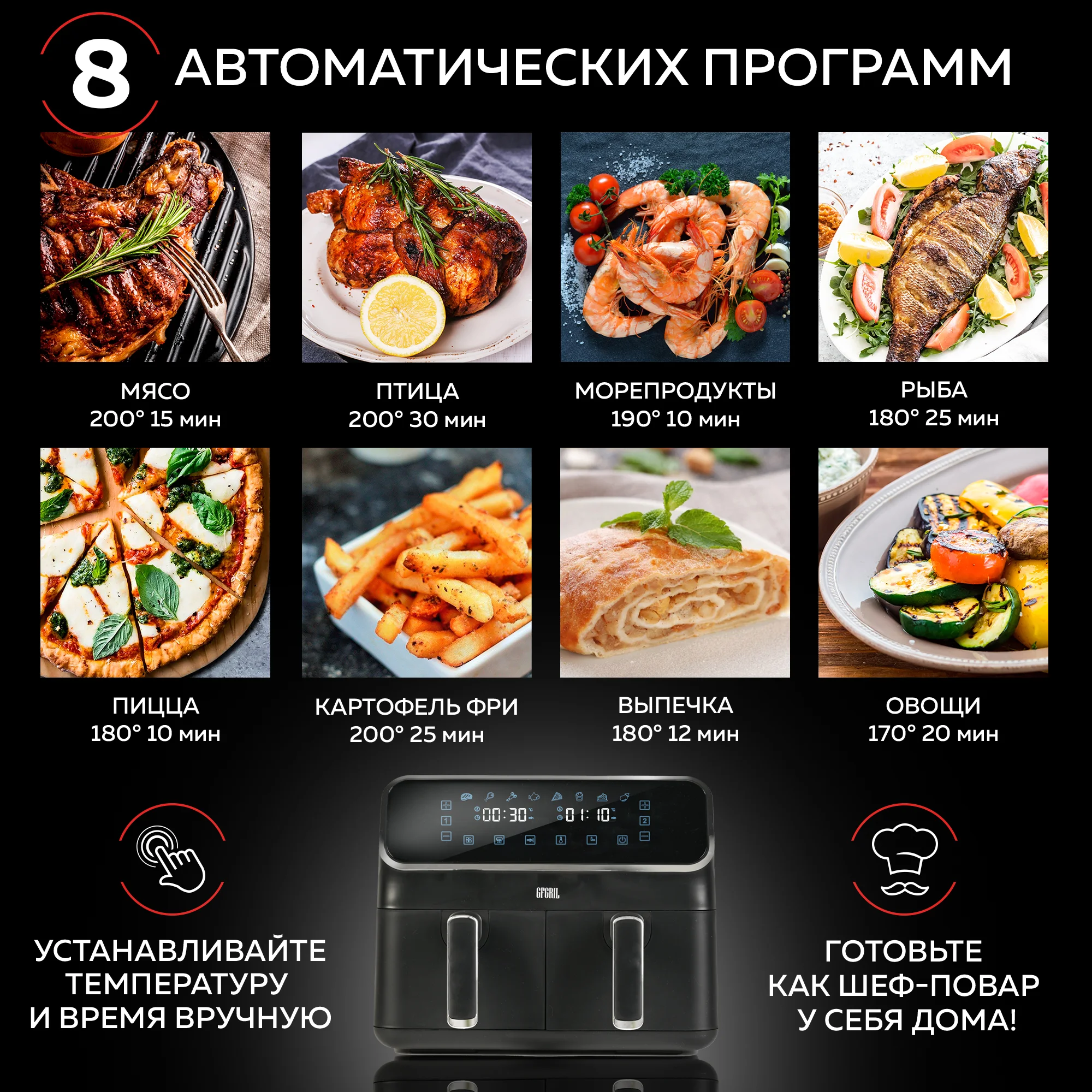 Аэрогриль GFGRIL GFA-8000, 2 чаши, технология Rapid Air, дисплей, 8 программ, 4+4 л