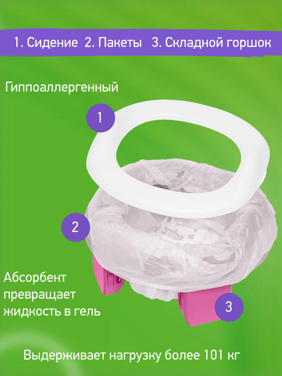 Розовый горшок детский складной дорожный 2в1 для малышей HandyPotty