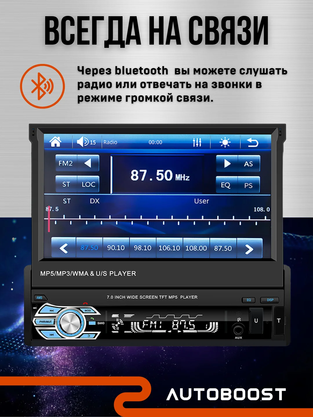 Автомагнитола 1 DIN, с выдвижным 7-дюймовым экраном, с Bluetooth, AUX, USB, TF карта