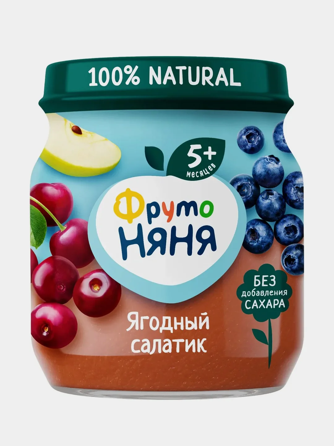 Пюре детское ФрутоНяня "Ягодный салатик", яблоко, черника, с 5 месяцев, 12 штук по 100 г