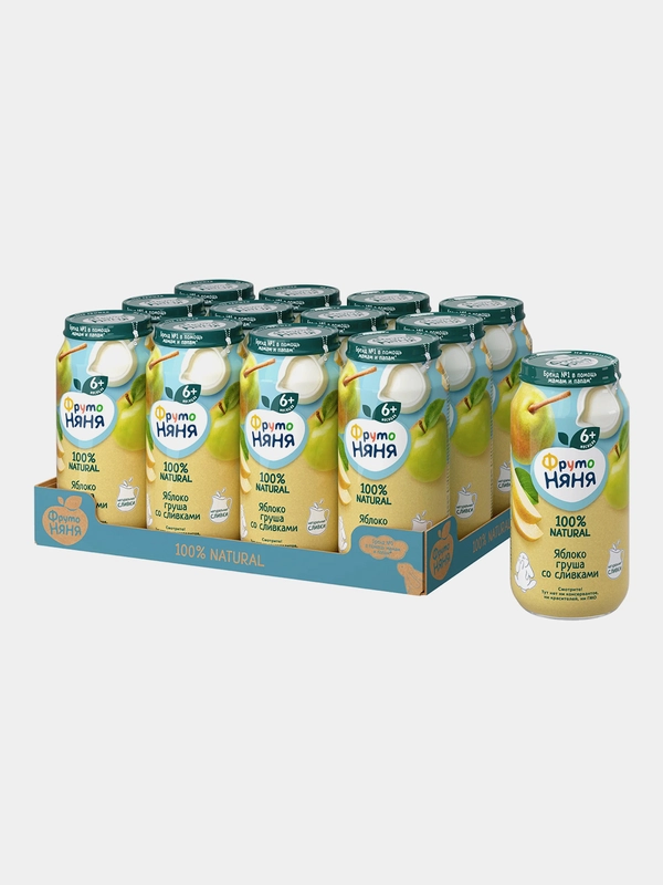 Пюре детское ФрутоНяня яблоко, груша, сливки, с 6 месяцев, 250г, 12 штук
