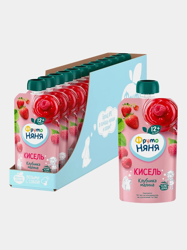 Кисель ФрутоНяня, клубника, малина, с 12 месяцев, 130 мл, 12 штук