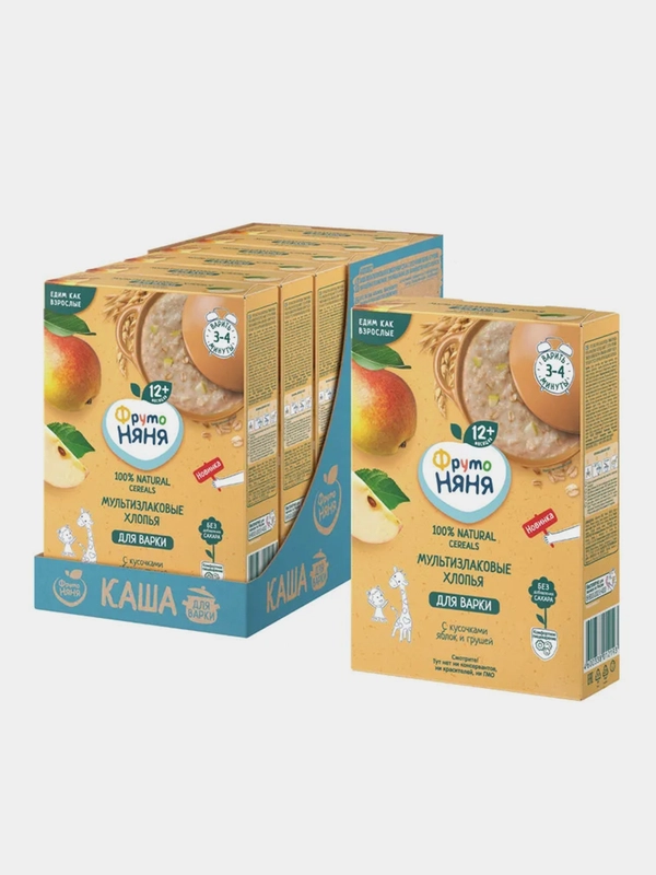 Каша безмолочная ФрутоНяня мультизлаковая, с кусочками яблок и груши, с 12 месяцев, 200г