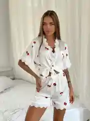Слоновая кость шелковая пижама женская, вишня