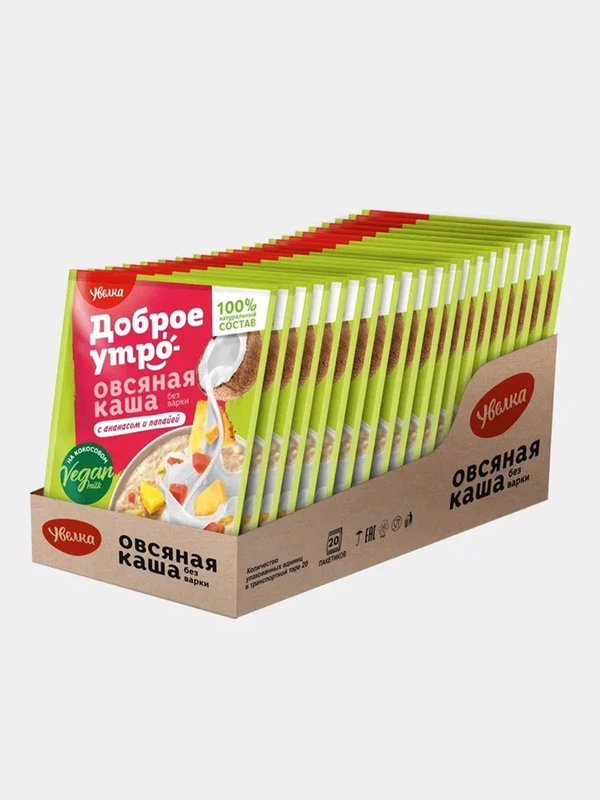 Каша овсяная Увелка, на основе кокосового напитка, с ананасом и папайей, 20 штук по 40 г