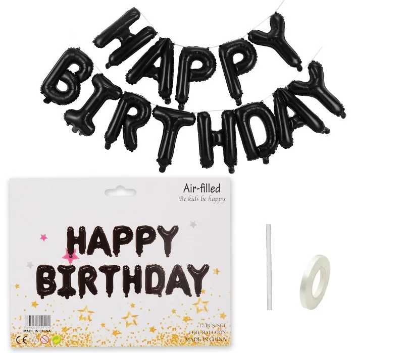 Черный гирлянда растяжка из воздушных фольгированных шаров "Happy Birthday", С днем рождения, 40 см