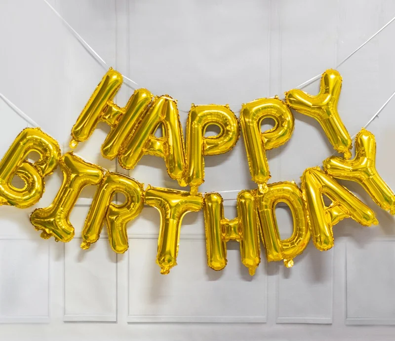 Золотой гирлянда растяжка из воздушных фольгированных шаров "Happy Birthday", С днем рождения, 40 см