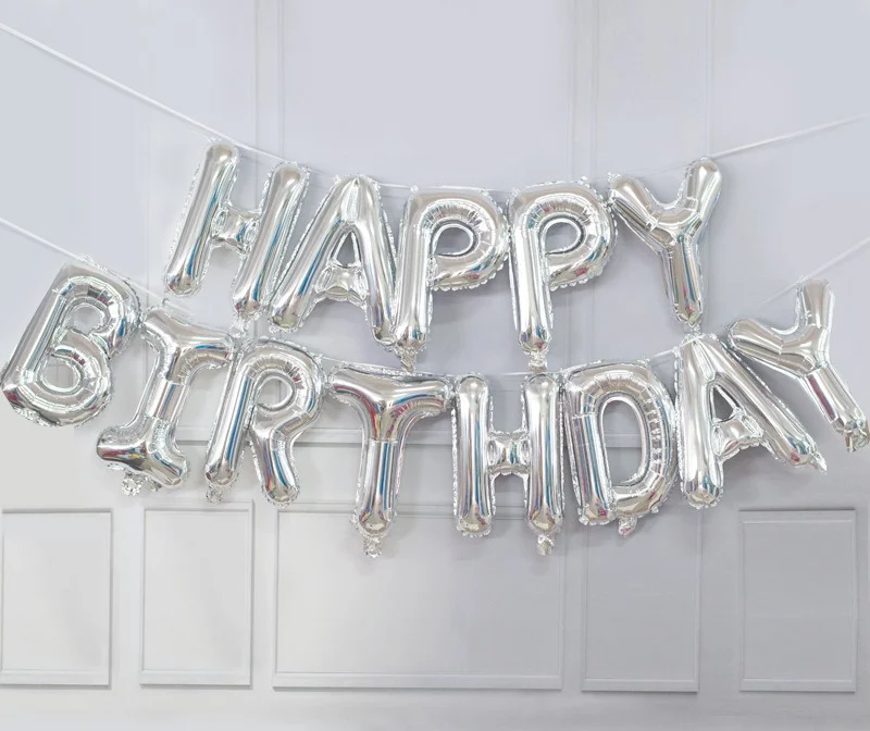 Серебряный гирлянда растяжка из воздушных фольгированных шаров "Happy Birthday", С днем рождения, 40 см