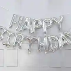 Серебряный гирлянда растяжка из воздушных фольгированных шаров "Happy Birthday", С днем рождения, 40 см