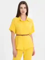 Желтый костюм двойка женская: рубашка и брюки