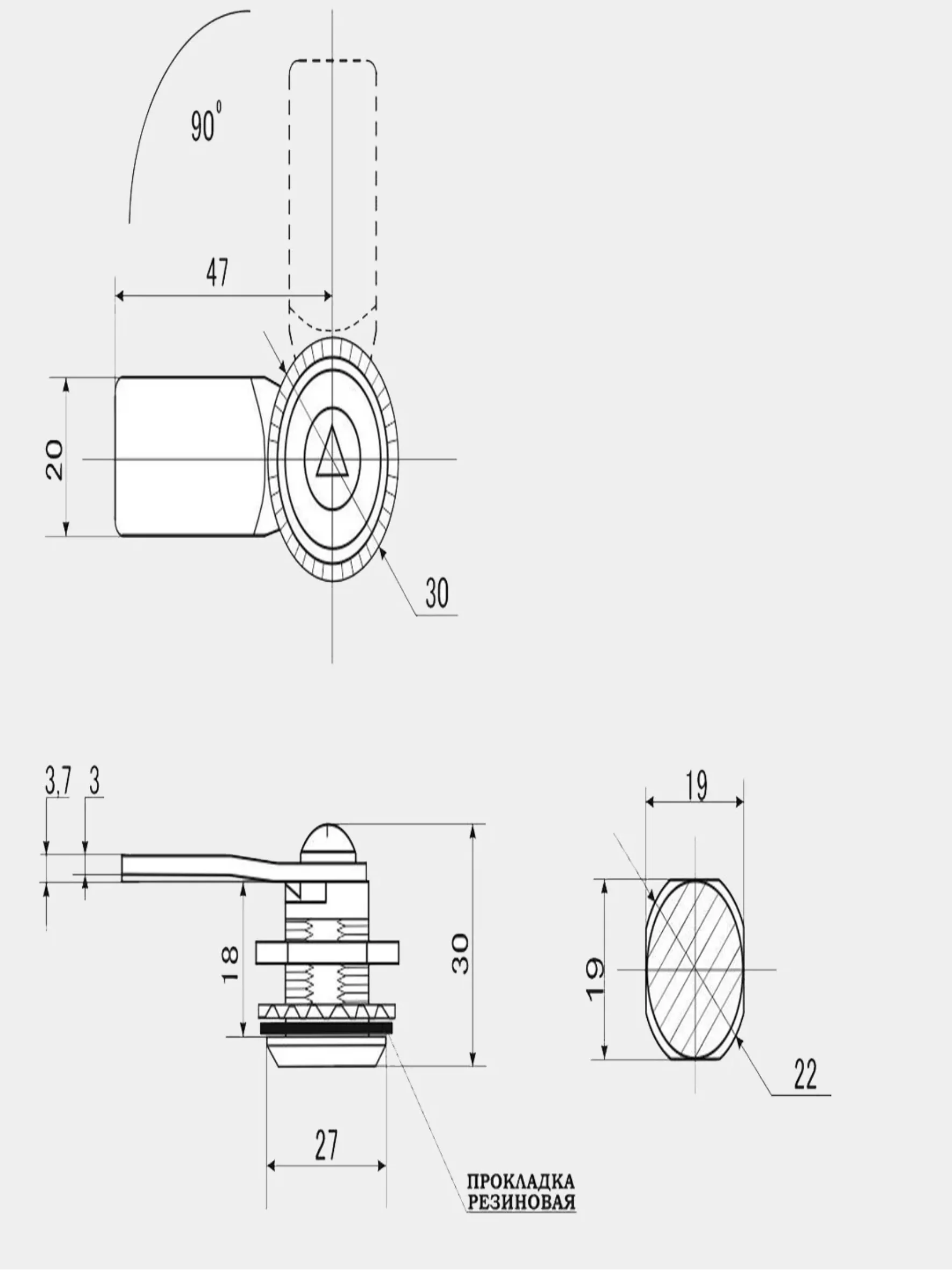Щитовой замок 705-3 ключ треугольник, прямой ригель