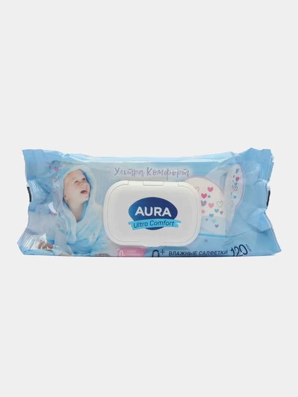 Влажные салфетки детские aura ultra comfort с экстрактом алоэ и витамином е, с крышкой 120