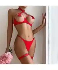 Красный сексуальный комплект нижнего белья, эротическое нижнее белье трусы с доступом стрепы чокер