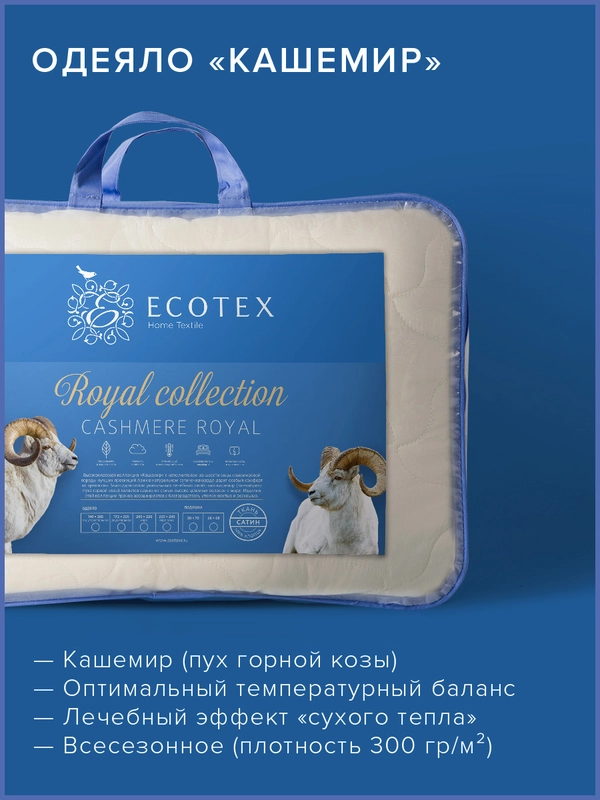 Одеяло стеганое шерстяное всесезонное Ecotex Кашемир козий пух шерсть