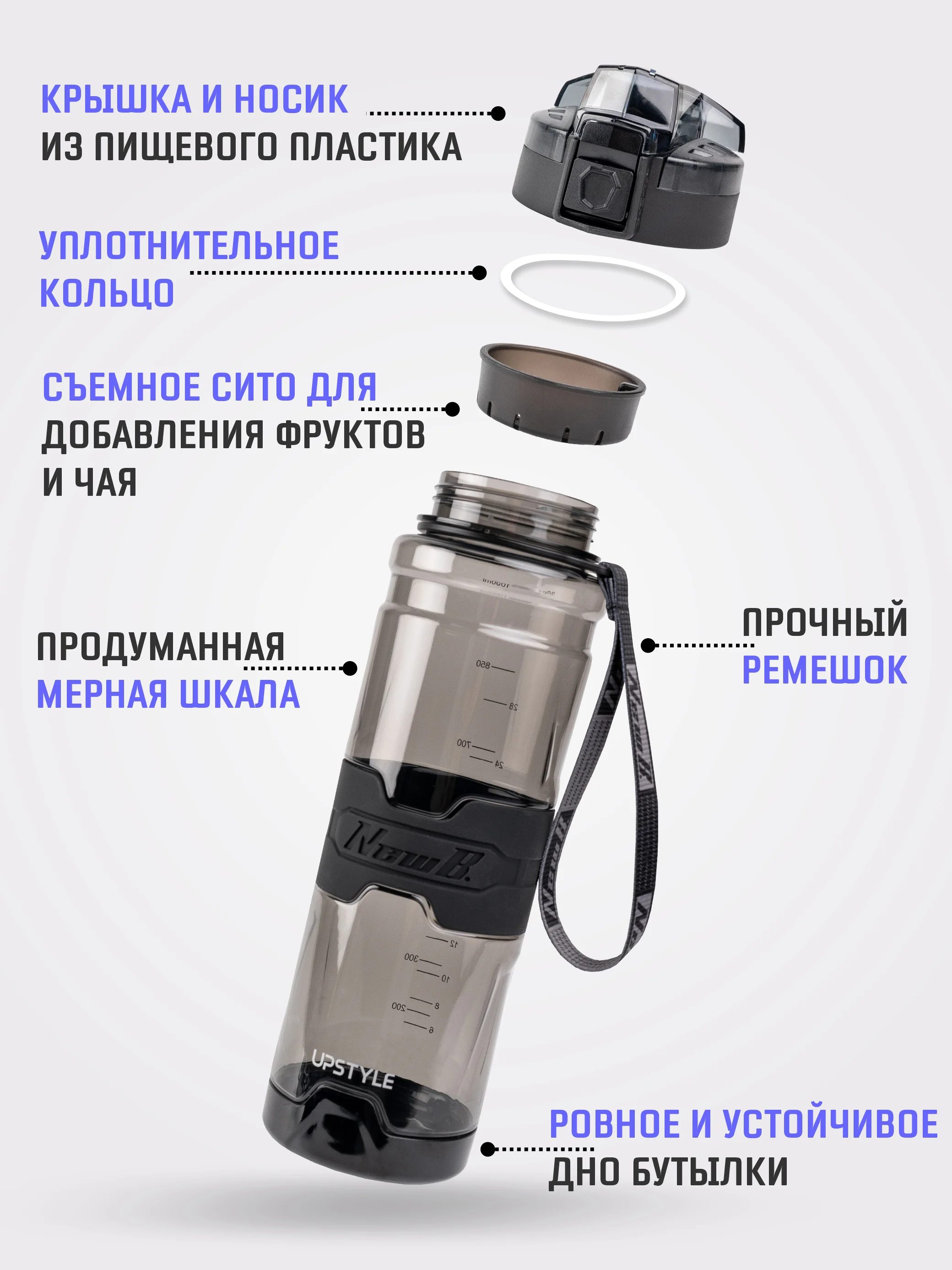 Бутылка для воды спортивная 700 мл, 1000 мл