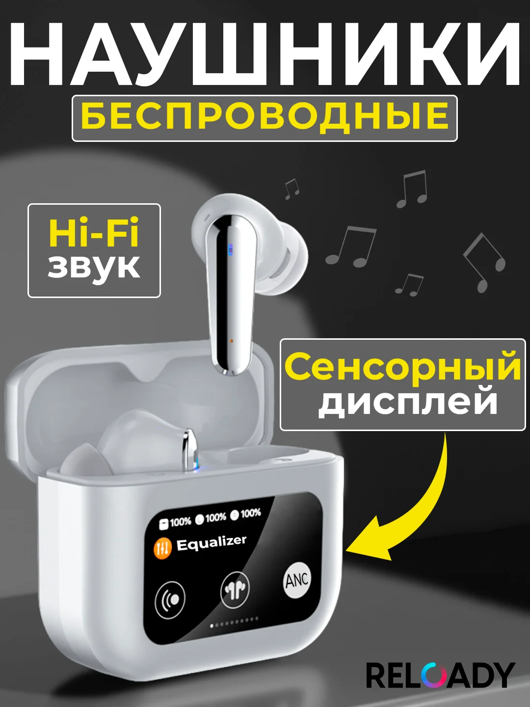 Белый беспроводные наушники с сенсорным дисплеем на зарядном кейсе