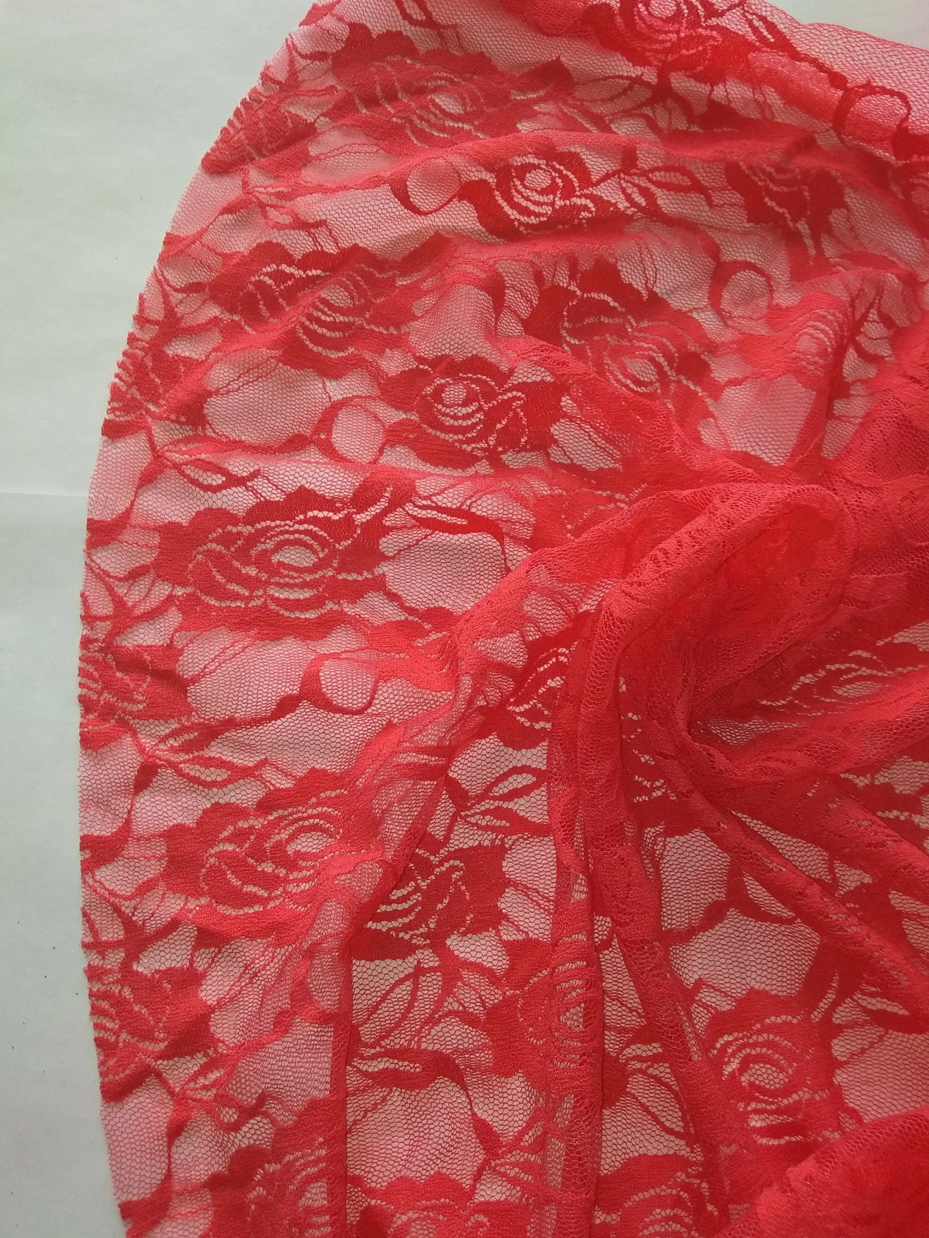 Коралловый меланж гипюр, кружево стрейч. Размер 30 / 140-150 см