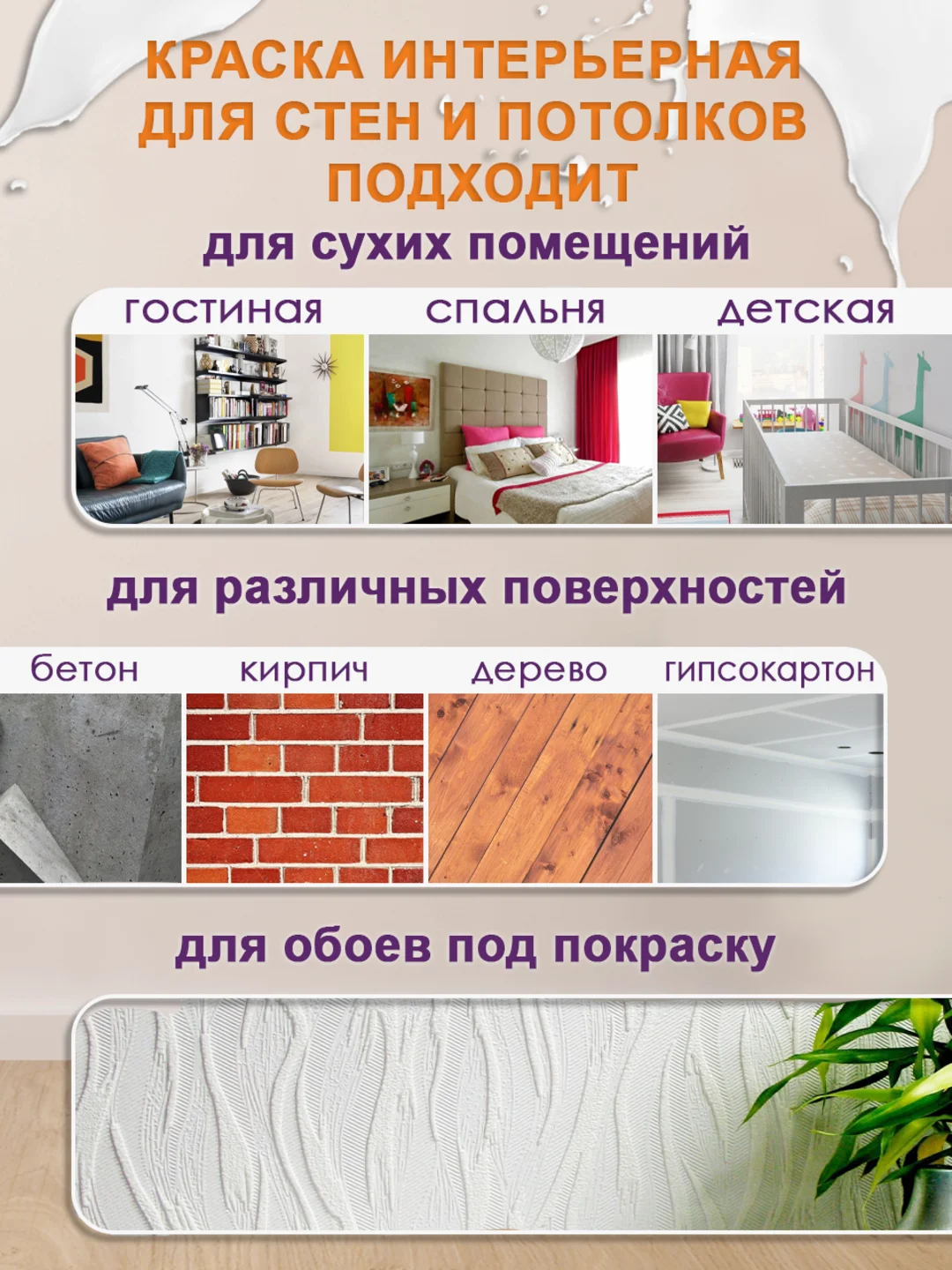 Краска интерьерная супербелая для стен и потолков, акриловая матовая краска белая ВТеме
