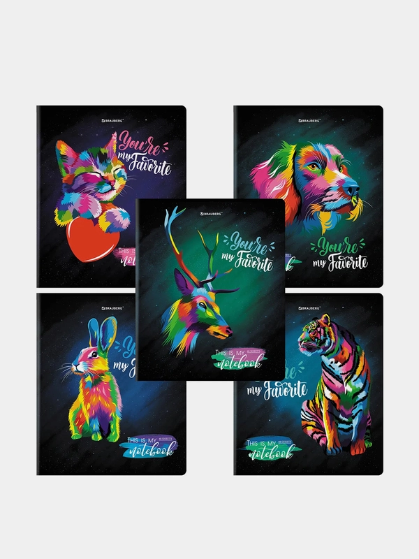 Тетрадь BRAUBERG "Animals Pop-Art", А5, клетка, матовая ламинация, 2 штуки по 48 листов
