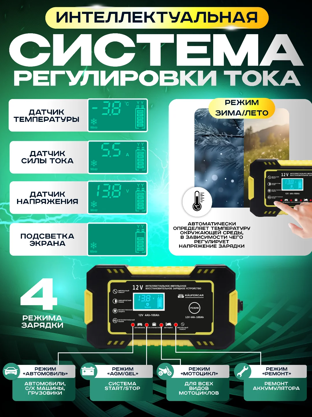 Автомобильное зарядное устройство / зарядка для АКБ 12в/ автомобильный аккумулятор зарядка