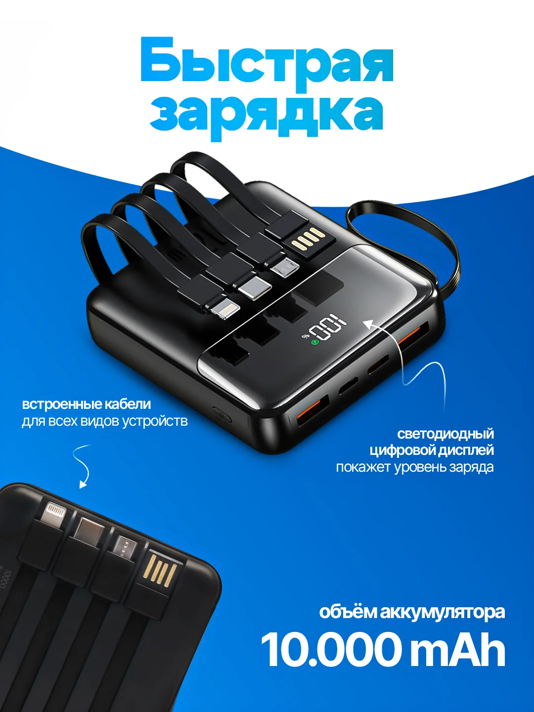 Power Bank 10.000 мач, быстрая зарядка, 20W со встроенными кабелями