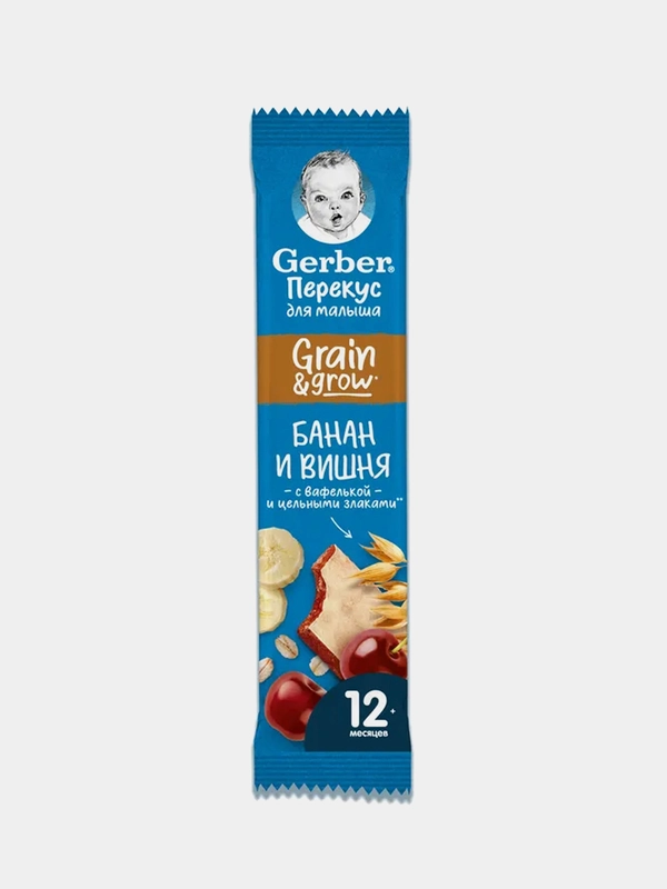 Батончик фруктово-злаковый GERBER с бананом и вишней, с 12  месяцев, 1 шт