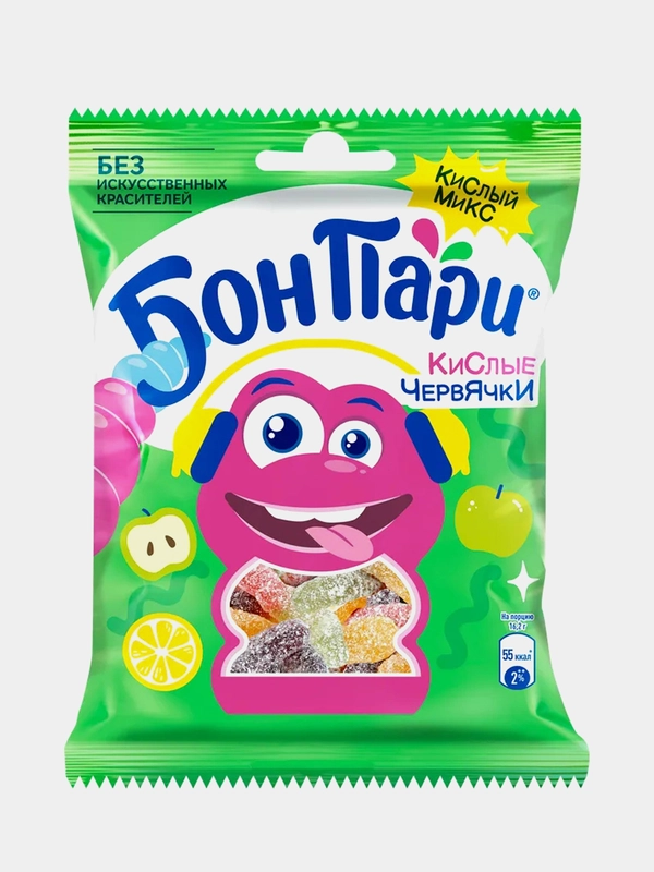 Мармелад жевательный, фигурный, БОН ПАРИ КИСЛЫЕ ЧЕРВЯЧКИ, со вкусом фруктов, 75г