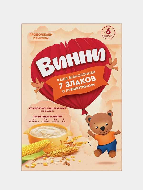 Каша детская Винни, без молока, 7 злаков, с пребиотиками, с 6 месяцев, 200 г