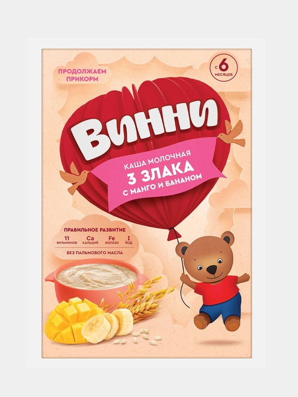 Каша детская Винни молочная 3 злака с манго и бананом, с 6 месяцев, 200 г