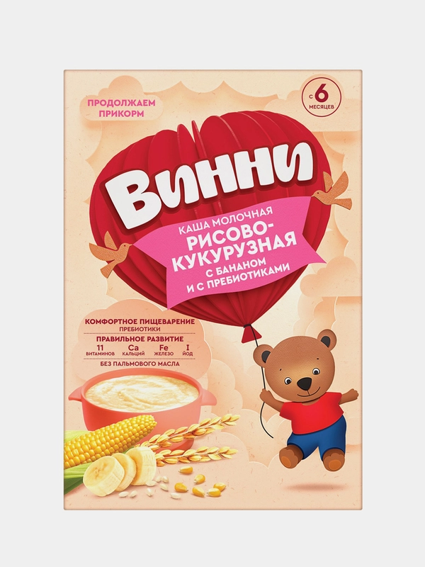 Каша детская Винни молочная, рисово-кукурузная, с бананом, с 6 месяцев, 200 г