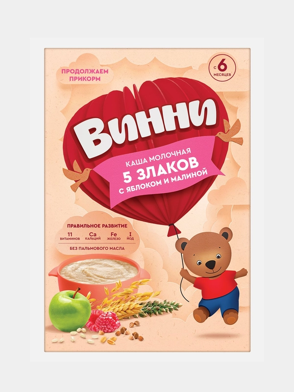 Каша детская Винни, молочная, 5 злаков, с яблоком и малиной, с 6 месяцев, 200 г