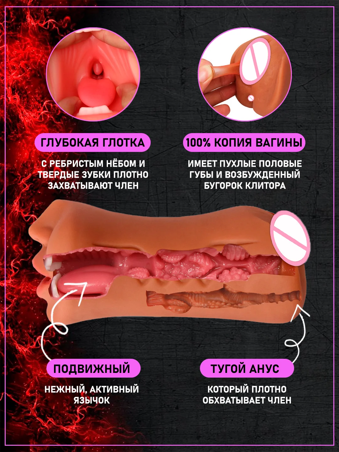 Бежевый мужской мастурбатор 3в1: вагина, анус, рот. Реалистичный
