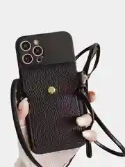 Черный чехол сумка для iPhone 11/12/13/14/15/Pro/Max/Plus на ремешке, с карманом для карт