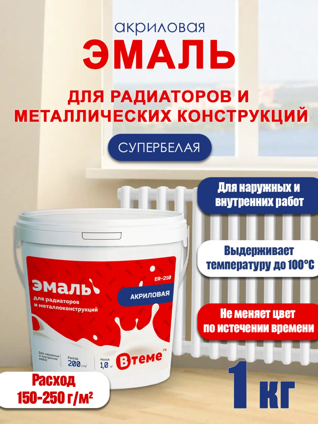 Эмаль акриловая белая для радиаторов, краска для металла и дерева белая  ТМ ВTеме