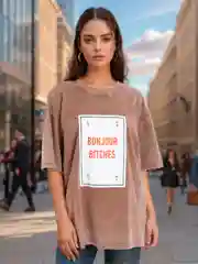 Коричневый футболка оверсайз варенка унисекс однотонный 3 цвета, "BONJOUR BITCHES" хлопок
