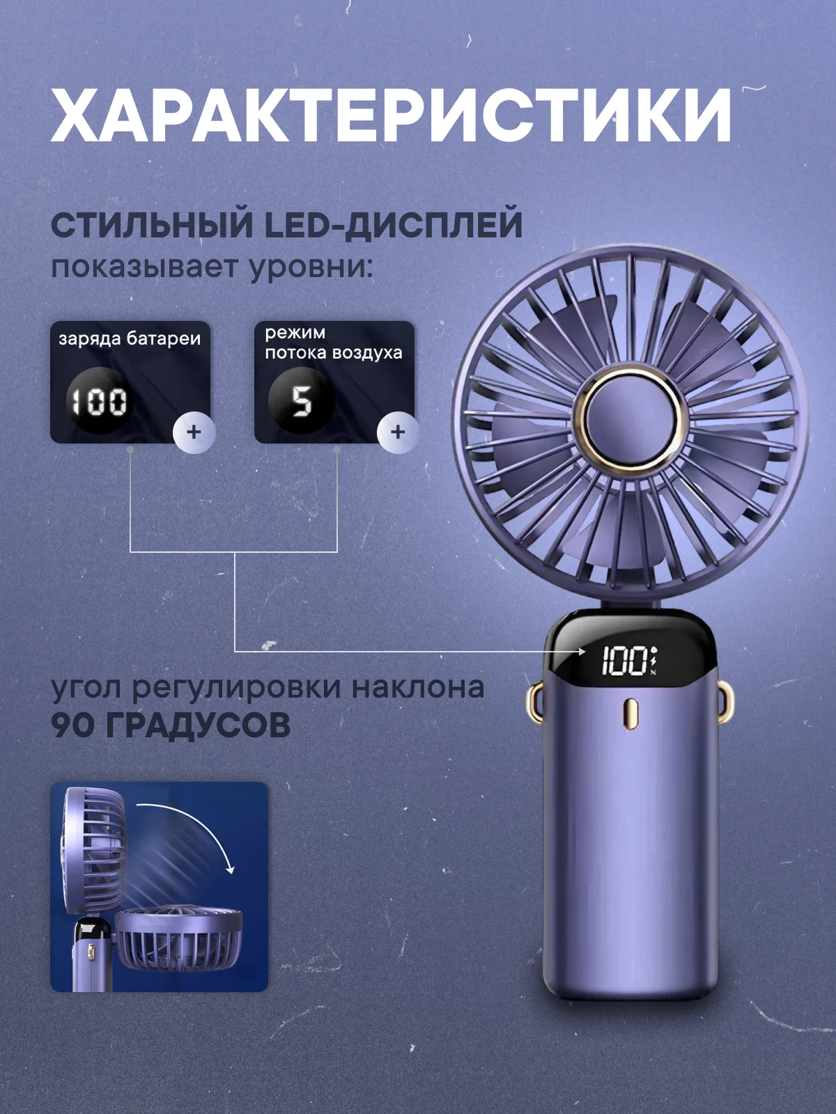 Синий вентилятор настольный, портативный, компактный, ручной, мини от USB и LED-дисплеем