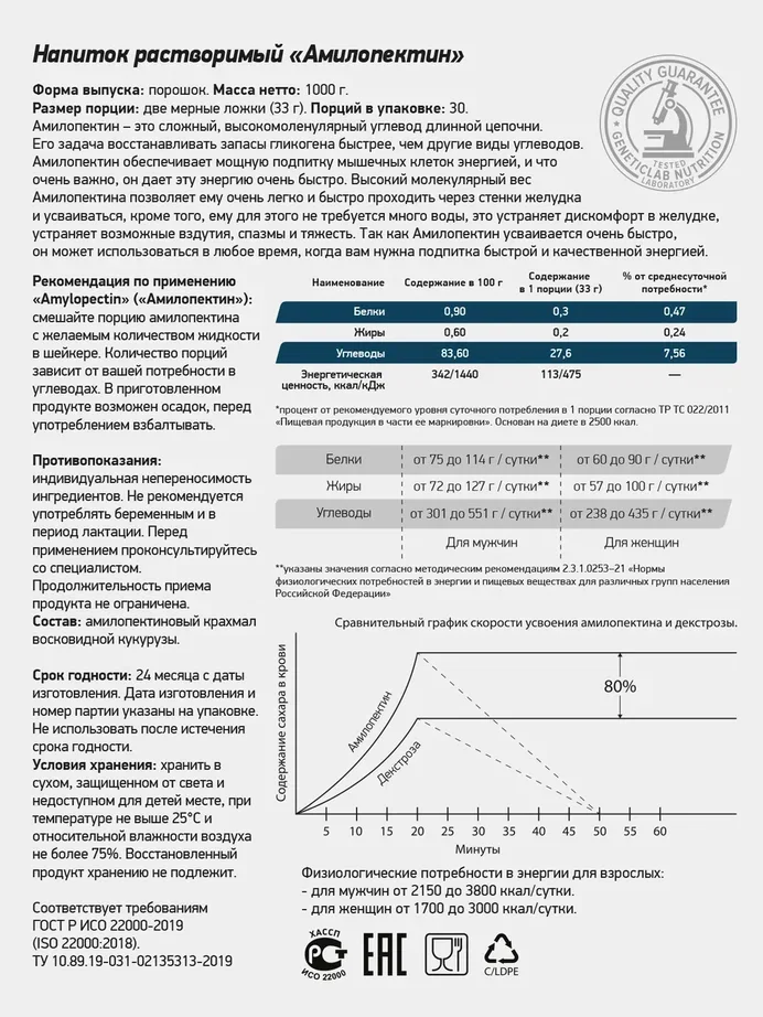 Гейнер AMYLOPECTINE GeneticLab Nutrition, без вкуса, 1000 г