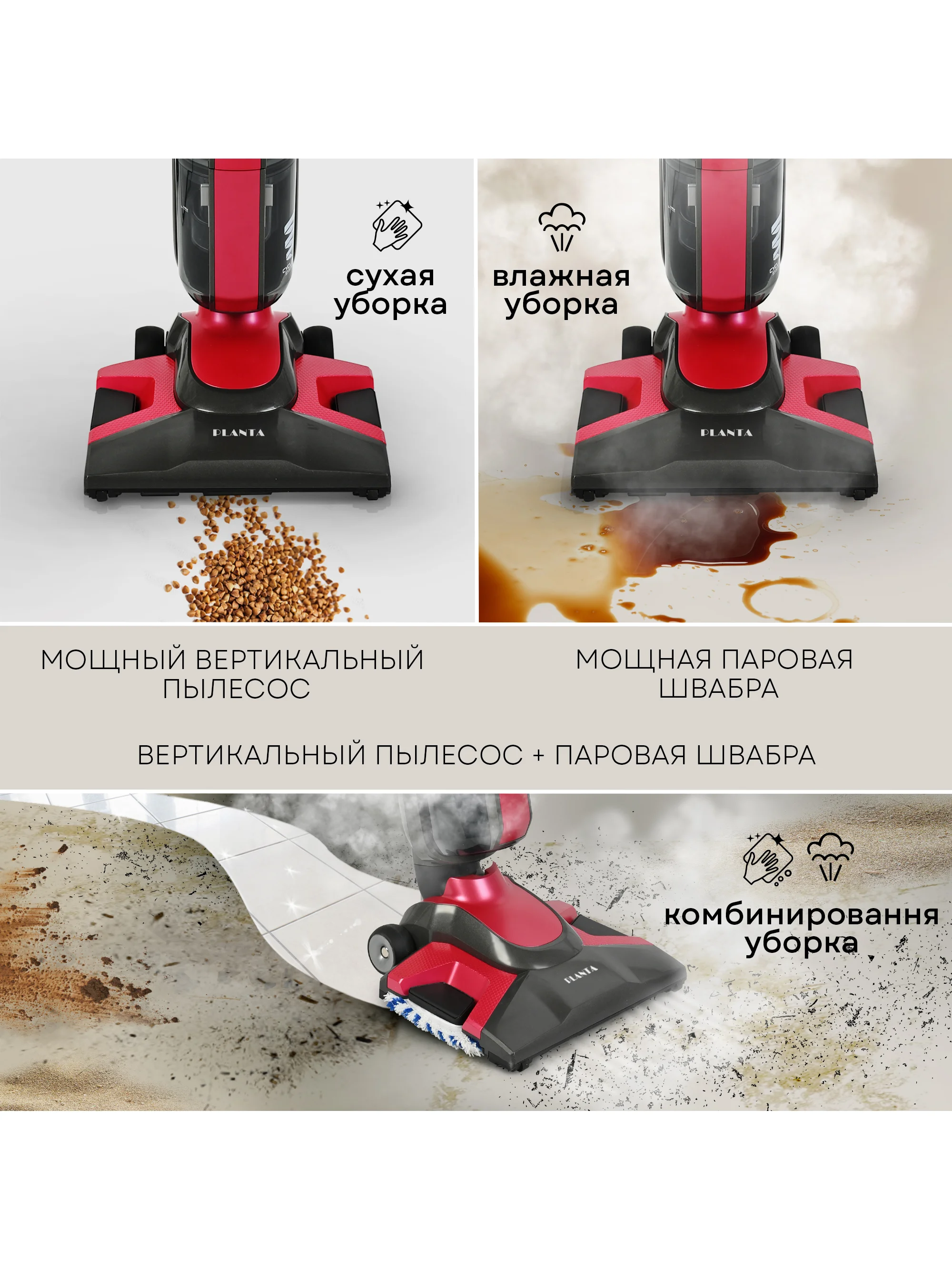 Вертикальный паровой пылесос 6 в 1 PLANTA PL-SC301, сухая и влажная уборка