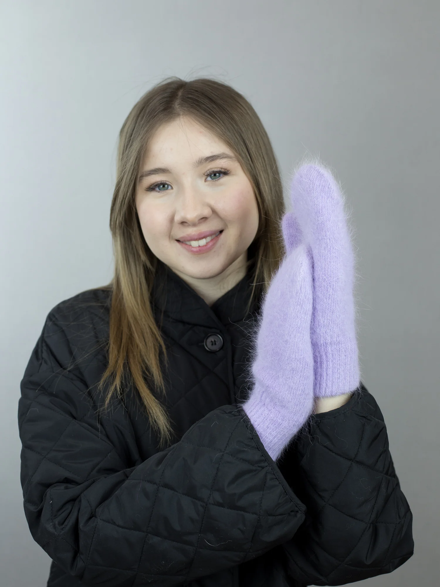 Сиреневый варежки зимние, ангорковые, на плюше