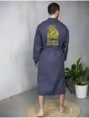 Серый халат вафельный с вышивкой