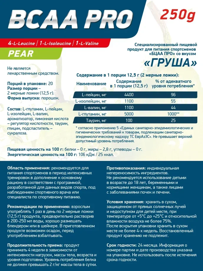 Аминокислотный комплекс BCAA 4:1:1 PRO GeneticLab Nutrition, 250 г