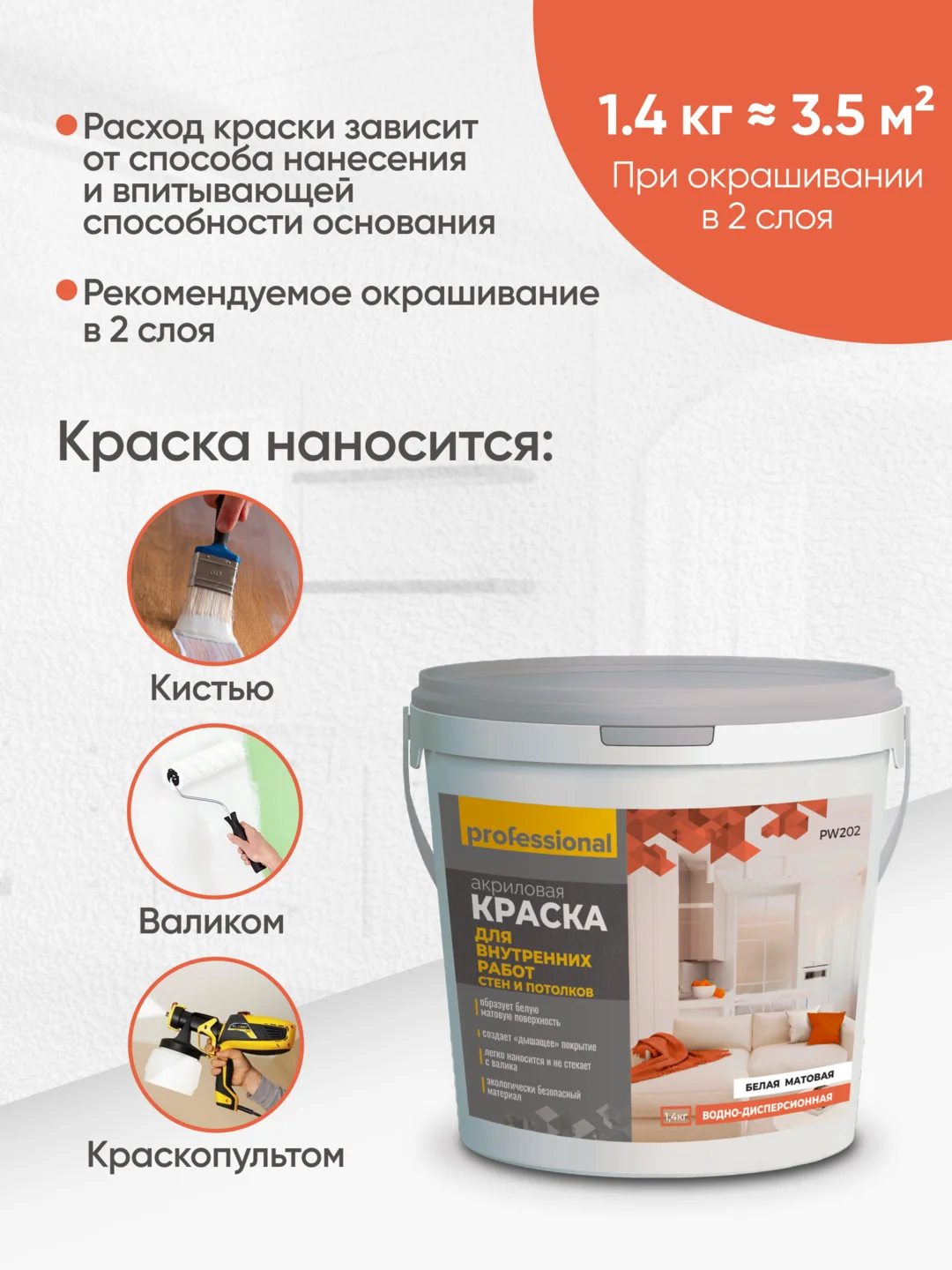 Акриловая краска белая для стен и потолков матовая без запаха ТМ Professional